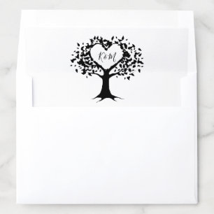 Simple Black & White Monogram Heart Tree Wedding Envelope Liner