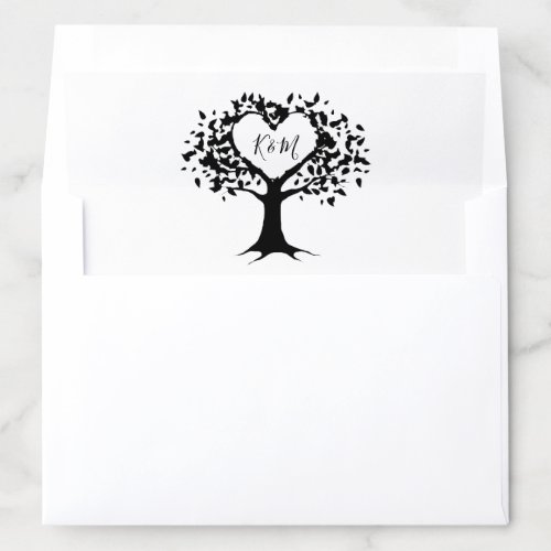 Simple Black  White Monogram Heart Tree Wedding Envelope Liner