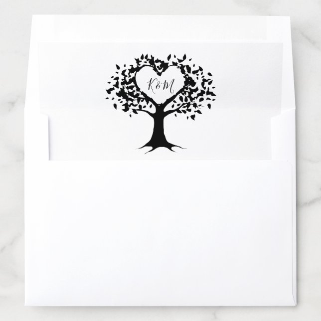 Simple Black & White Monogram Heart Tree Wedding Envelope Liner (In Envelope)