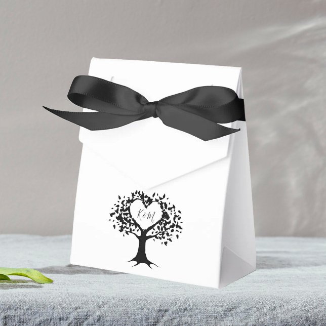 Simple Black & White Monogram Heart Tree Wedding Favor Boxes (Creator Uploaded)