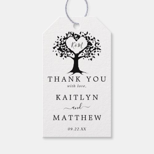 Simple Black  White Monogram Heart Tree Wedding Gift Tags