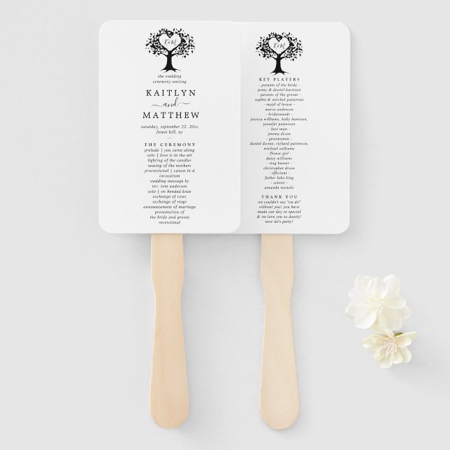Simple Black & White Monogram Heart Tree Wedding Hand Fan (Front and Back)