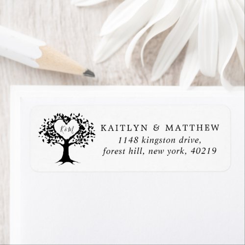 Simple Black  White Monogram Heart Tree Wedding Label