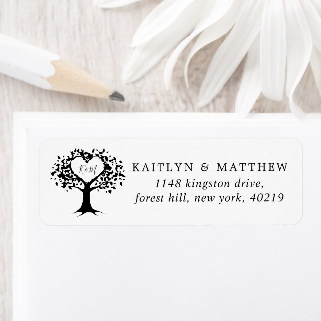 Simple Black & White Monogram Heart Tree Wedding Label (Insitu)