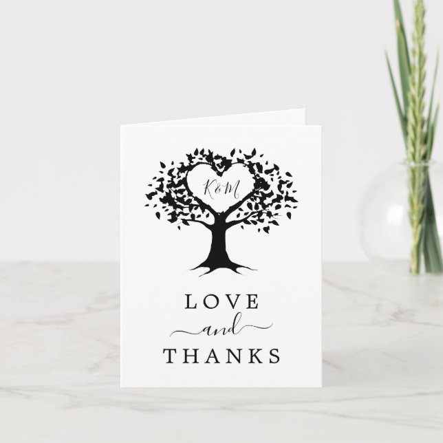 Simple Black & White Monogram Heart Tree Wedding Letterpress Thank You Card (Front)