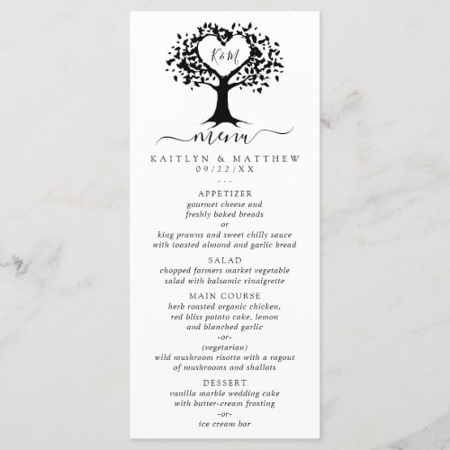 Simple Black  White Monogram Heart Tree Wedding Menu