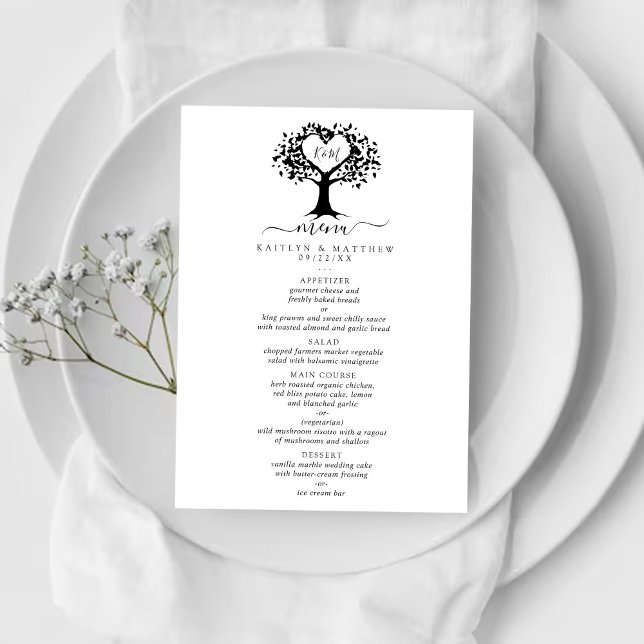 Simple Black & White Monogram Heart Tree Wedding Menu (Creator Uploaded)