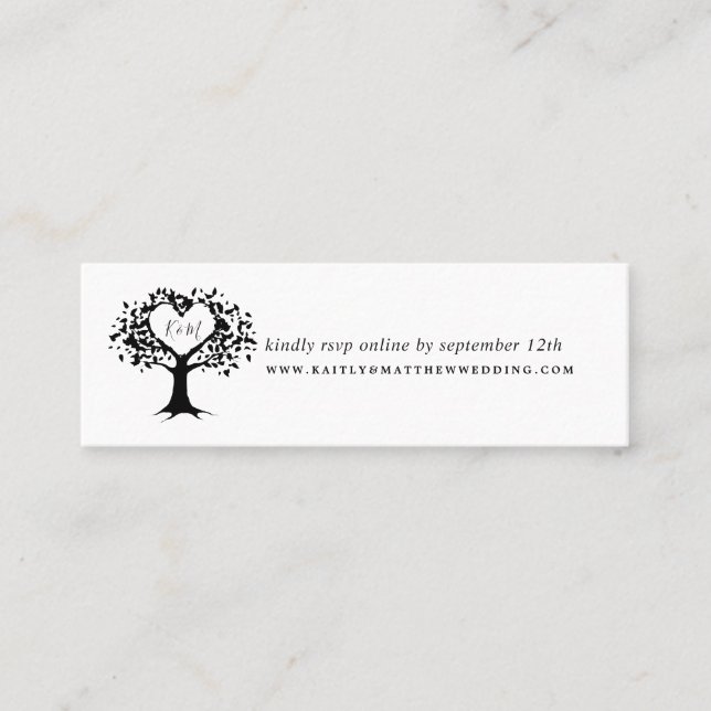 Simple Black & White Monogram Heart Tree Wedding Mini Business Card (Front)