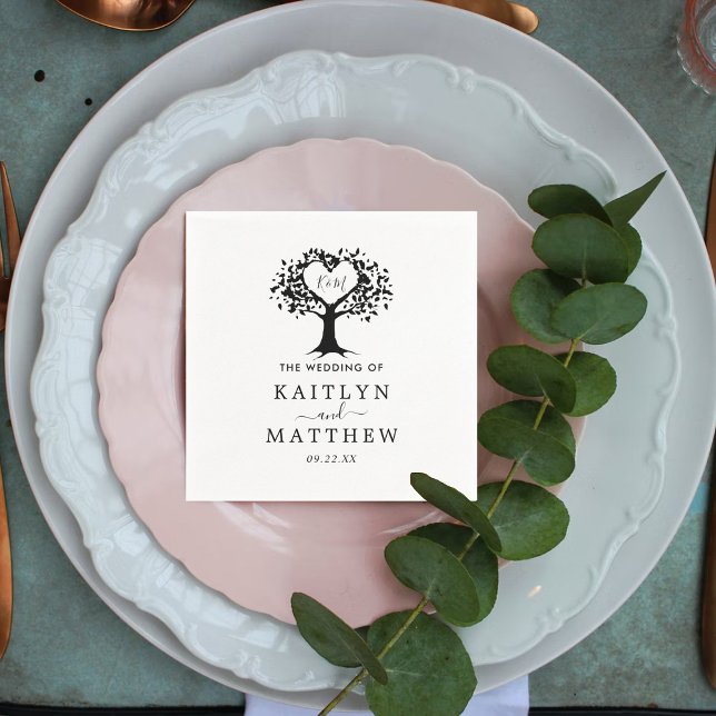 Simple Black & White Monogram Heart Tree Wedding Napkins (Creator Uploaded)