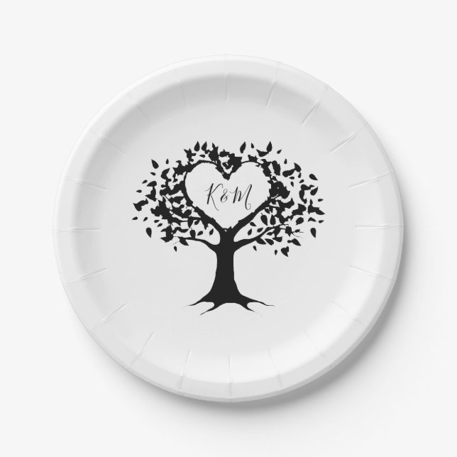 Simple Black & White Monogram Heart Tree Wedding Paper Plates (Front)