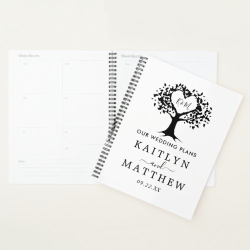 Simple Black  White Monogram Heart Tree Wedding Planner