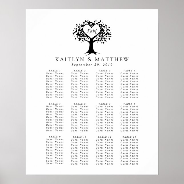 Simple Black & White Monogram Heart Tree Wedding Poster (Front)
