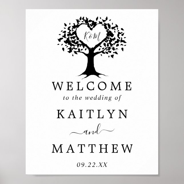 Simple Black & White Monogram Heart Tree Wedding Poster (Front)