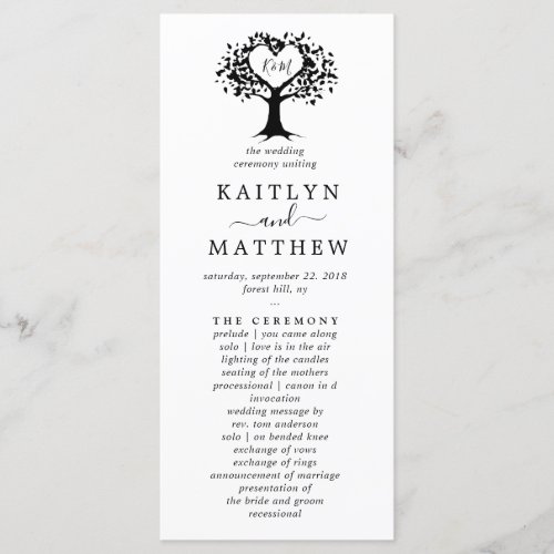 Simple Black  White Monogram Heart Tree Wedding Program