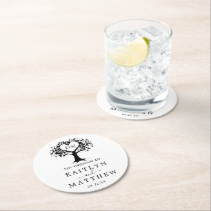 Simple Black & White Monogram Heart Tree Wedding Round Paper Coaster