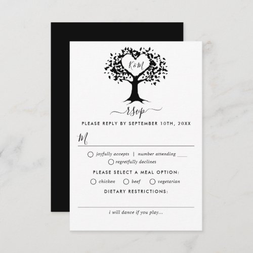 Simple Black  White Monogram Heart Tree Wedding RSVP Card