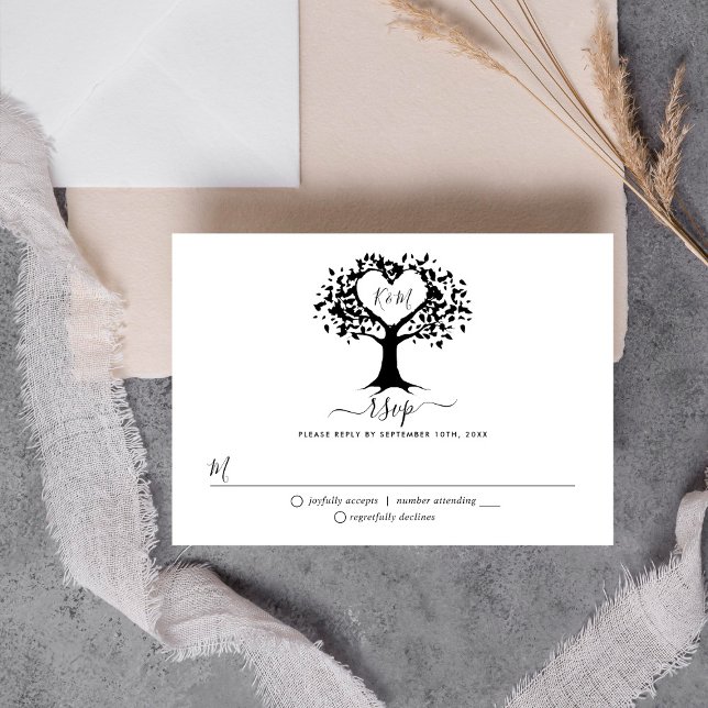 Simple Black & White Monogram Heart Tree Wedding RSVP Card (Creator Uploaded)
