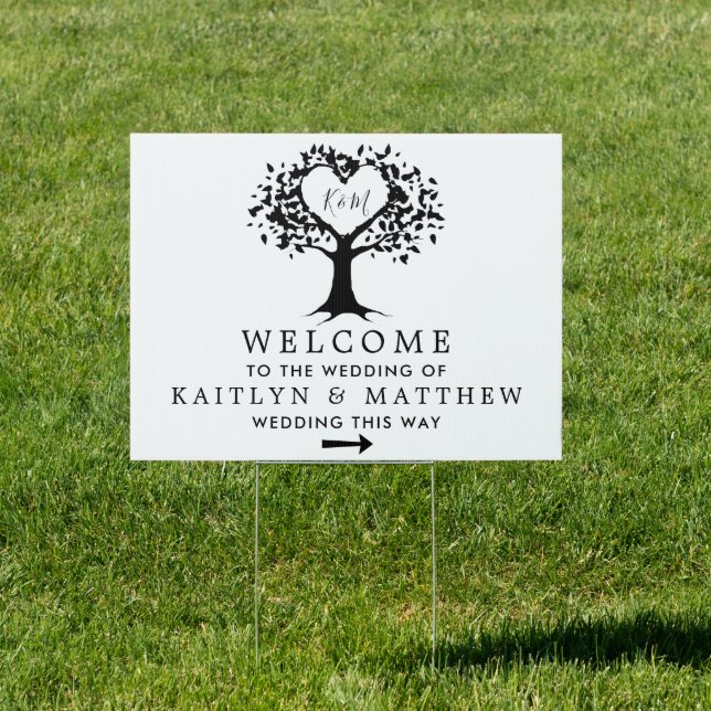 Simple Black & White Monogram Heart Tree Wedding Sign (Insitu)