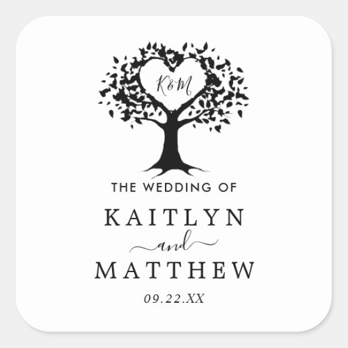 Simple Black  White Monogram Heart Tree Wedding Square Sticker