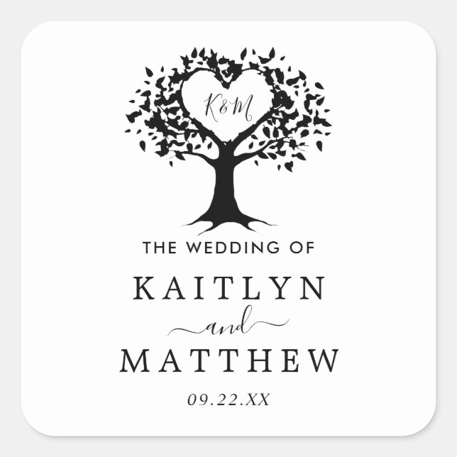Simple Black & White Monogram Heart Tree Wedding Square Sticker (Front)
