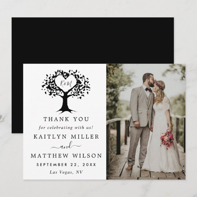 Simple Black & White Monogram Heart Tree Wedding Thank You Card (Front/Back)
