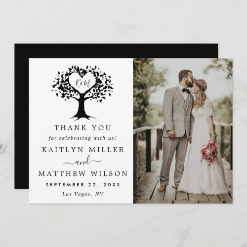 Simple Black  White Monogram Heart Tree Wedding Thank You Card