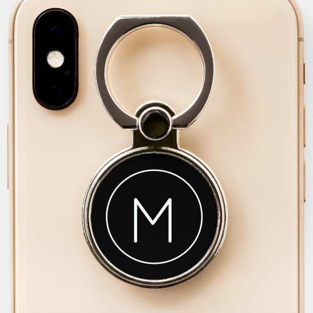 Simple Black & White Monogram Initial Phone Ring Stand (Close Up)