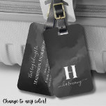 Simple Black White Monogram Luggage Tag<br><div class="desc">This stylish luggage tag features a dark gray, almost black, background for a sleek black and white look. A personalized initial is elegantly displayed in script calligraphy, with the name positioned below in a matching serif font. The simple yet chic design adds a touch of sophistication to your travel essentials,...</div>