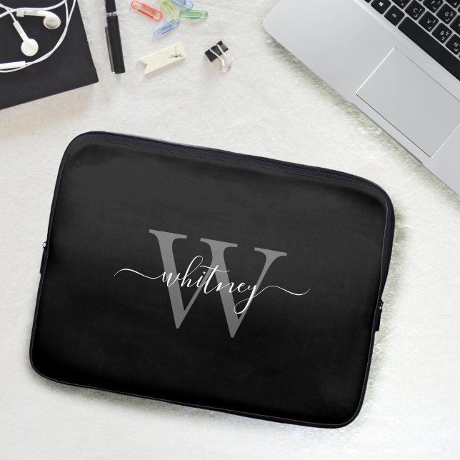 Simple Black & White Monogram Name & Initial Laptop Sleeve (Creator Uploaded)