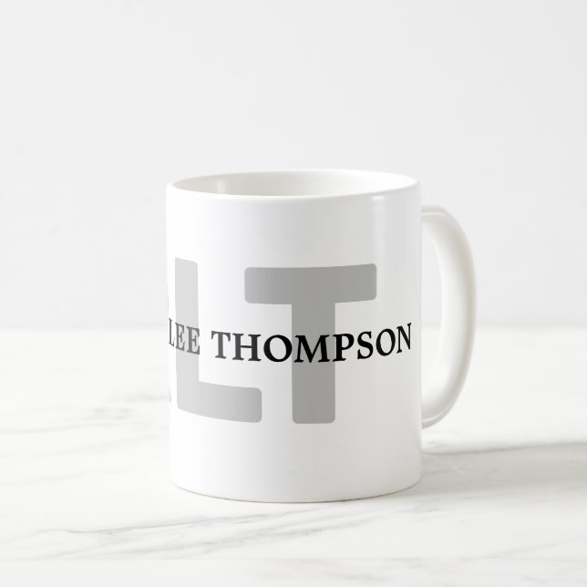 simple black white monogram (name+initials) clear coffee mug (Front Right)