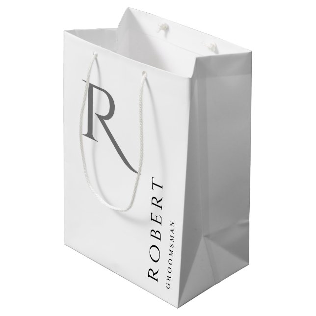Simple Black White Monogram Personalized Groomsmen Medium Gift Bag (Front Angled)
