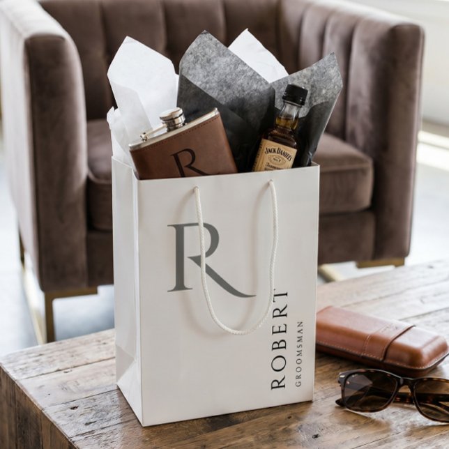 Simple Black White Monogram Personalized Groomsmen Medium Gift Bag (Creator Uploaded)