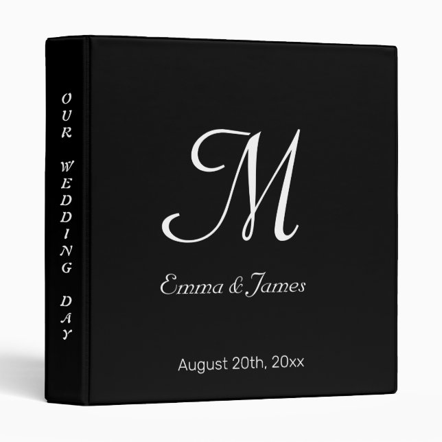 Simple Black & White Monogram Script Name Wedding  3 Ring Binder (Front/Spine)