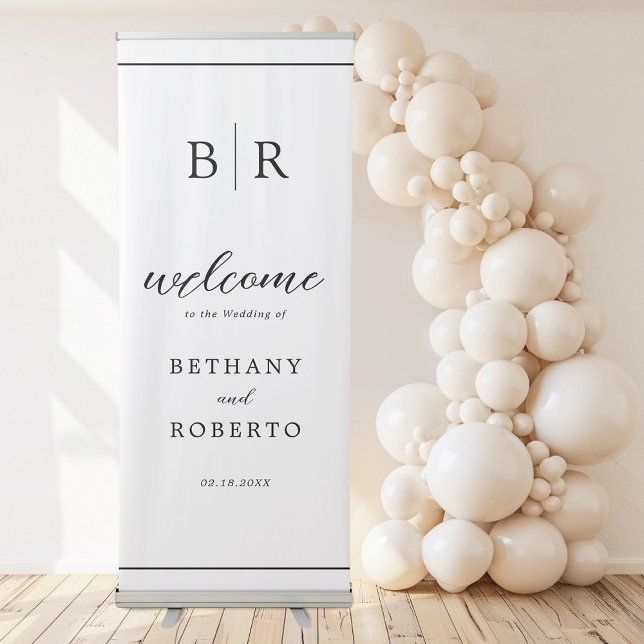 Simple Black White Monogram Wedding Welcome Retractable Banner (Creator Uploaded)