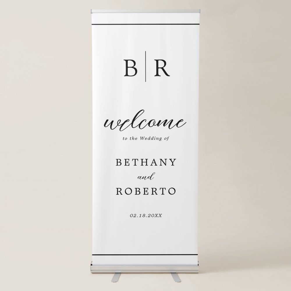 Disover Simple Black White Monogram Wedding Welcome Retractable Banner