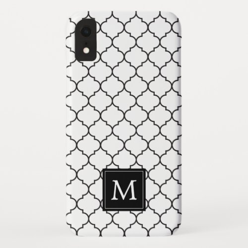 Simple Black  White Moroccan Quatrefoil Monogram iPhone XR Case