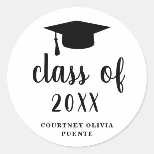 Simple Black White Mortar Board Modern Graduation Classic Round Sticker