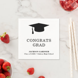 Simple Black White Mortar Board Modern Graduation Napkins