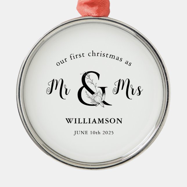 Simple Black & white Mr & Mrs 1st Christmas  Metal Ornament (Front)