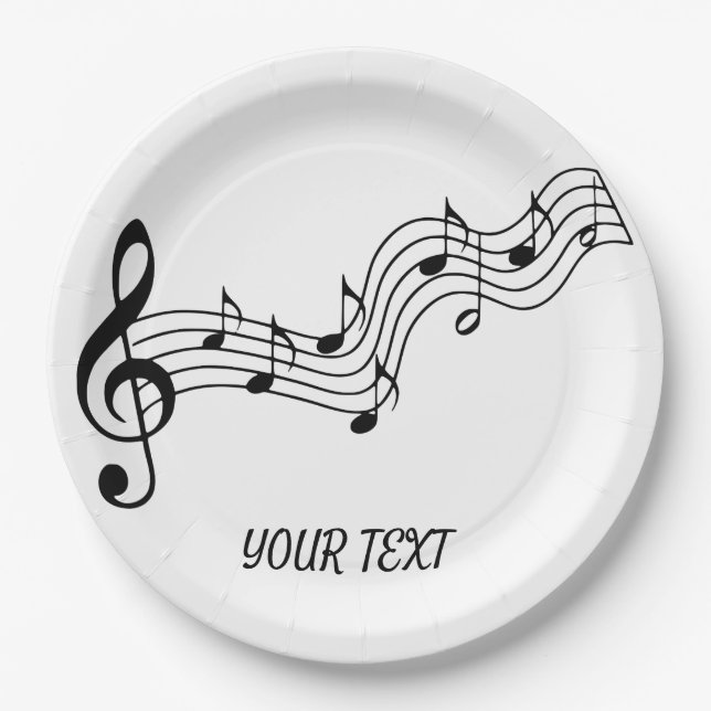 Simple Black White Music Notes Paper Plates (Front)