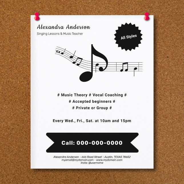 Simple, Black & White Music Teacher Flyer (Black & White Music Teacher Flyer)
