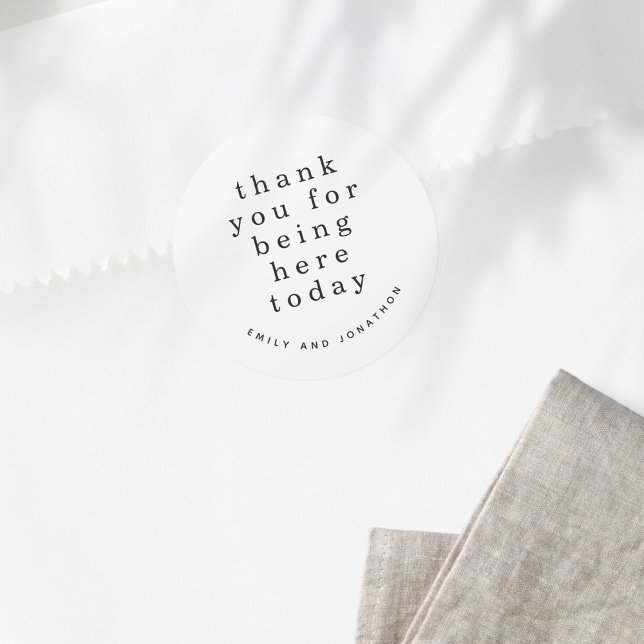 Simple Black White Names Thank You Wedding Classic Round Sticker (Thank you favor sticker)