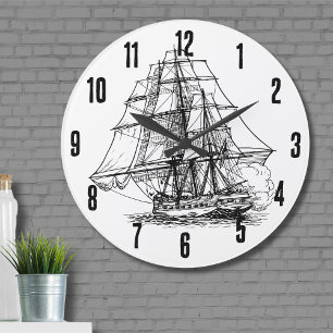 Simple Black White Nautical Boat Pirate Ship Large Clock