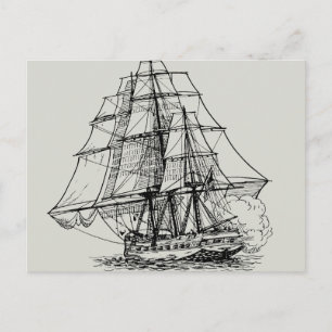 Simple Black White Nautical Boat Pirate Ship Postcard