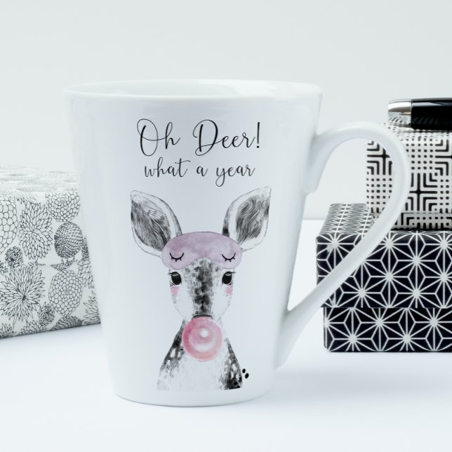 Simple Black & White Oh Deer What A Year Quote Latte Mug (Get your hands on our limited edition Christmas mug and get into the holiday spirit! 🎅)