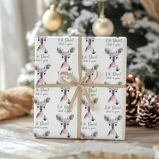 Simple Black & White Oh Deer What A Year Quote Wrapping Paper Sheets (Creator Uploaded)