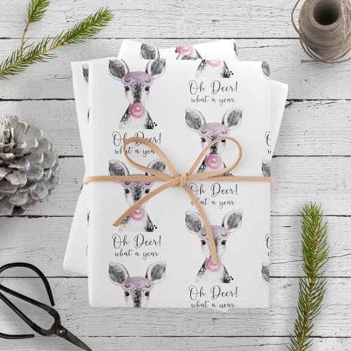 Simple Black  White Oh Deer What A Year Quote Wrapping Paper Sheets