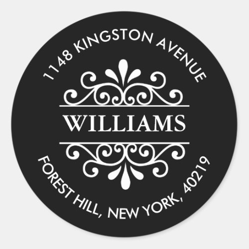 Simple Black  White Ornate Custom Return Address Classic Round Sticker