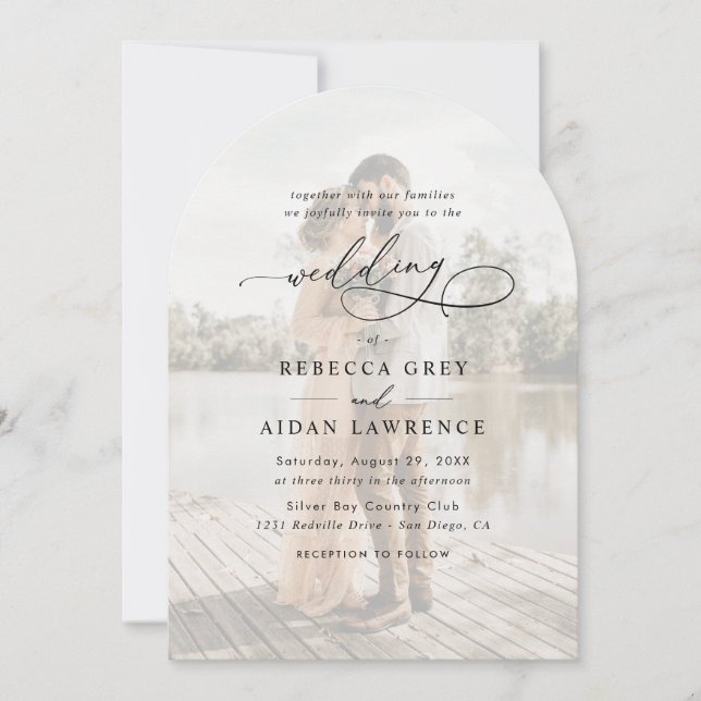 Simple Black & White Overlay Photo Arch Wedding Invitation (Front)