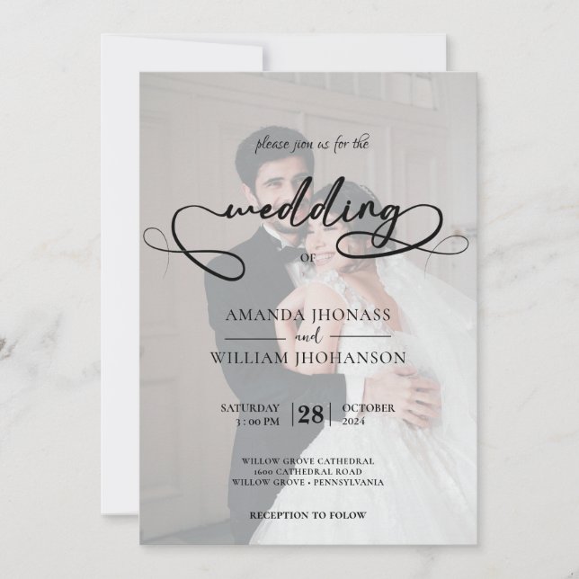Simple Black & White Photo calligraphy Wedding Invitation (Front)